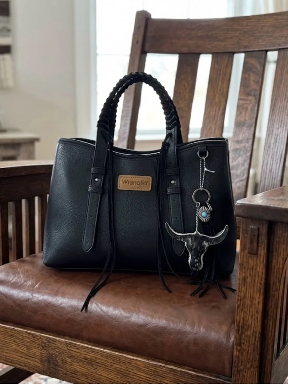Wrangler Black Tote Bag with Braided Handles and Charms